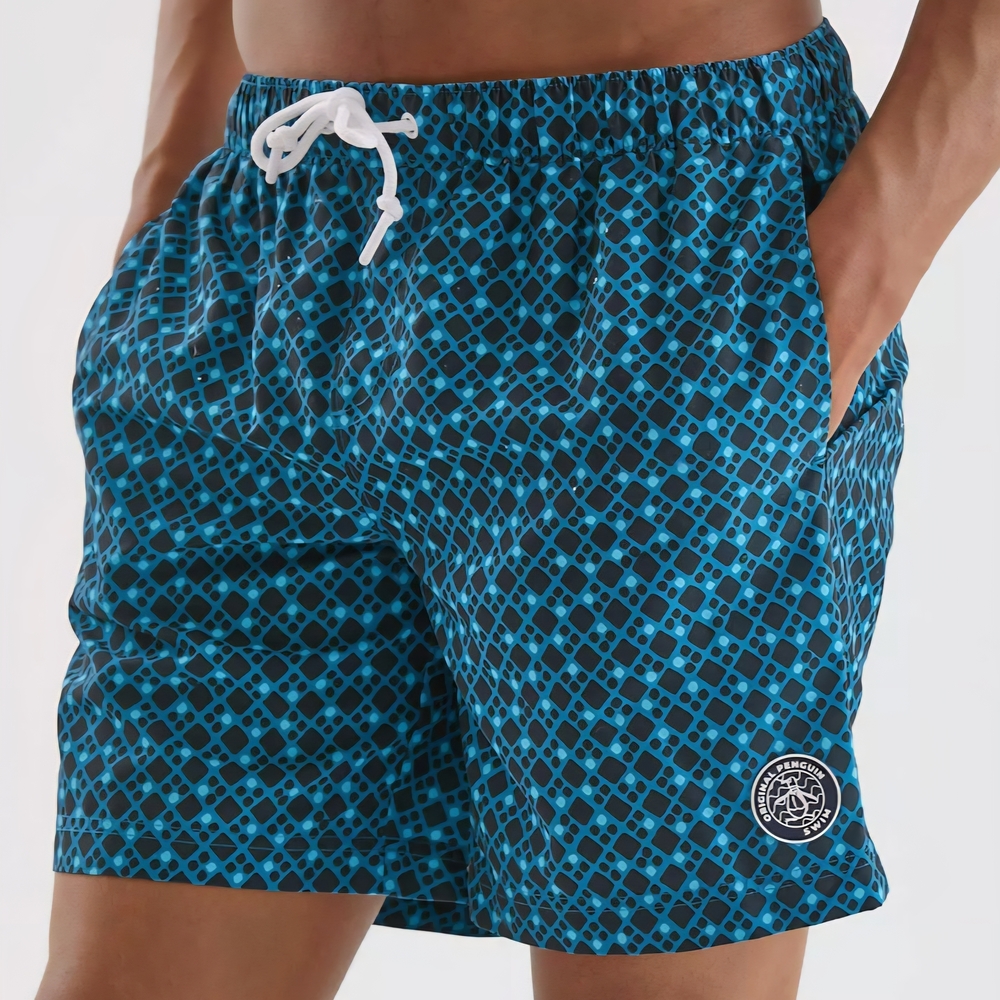 Original Penguin Teal & Black Patterned Swim Shorts